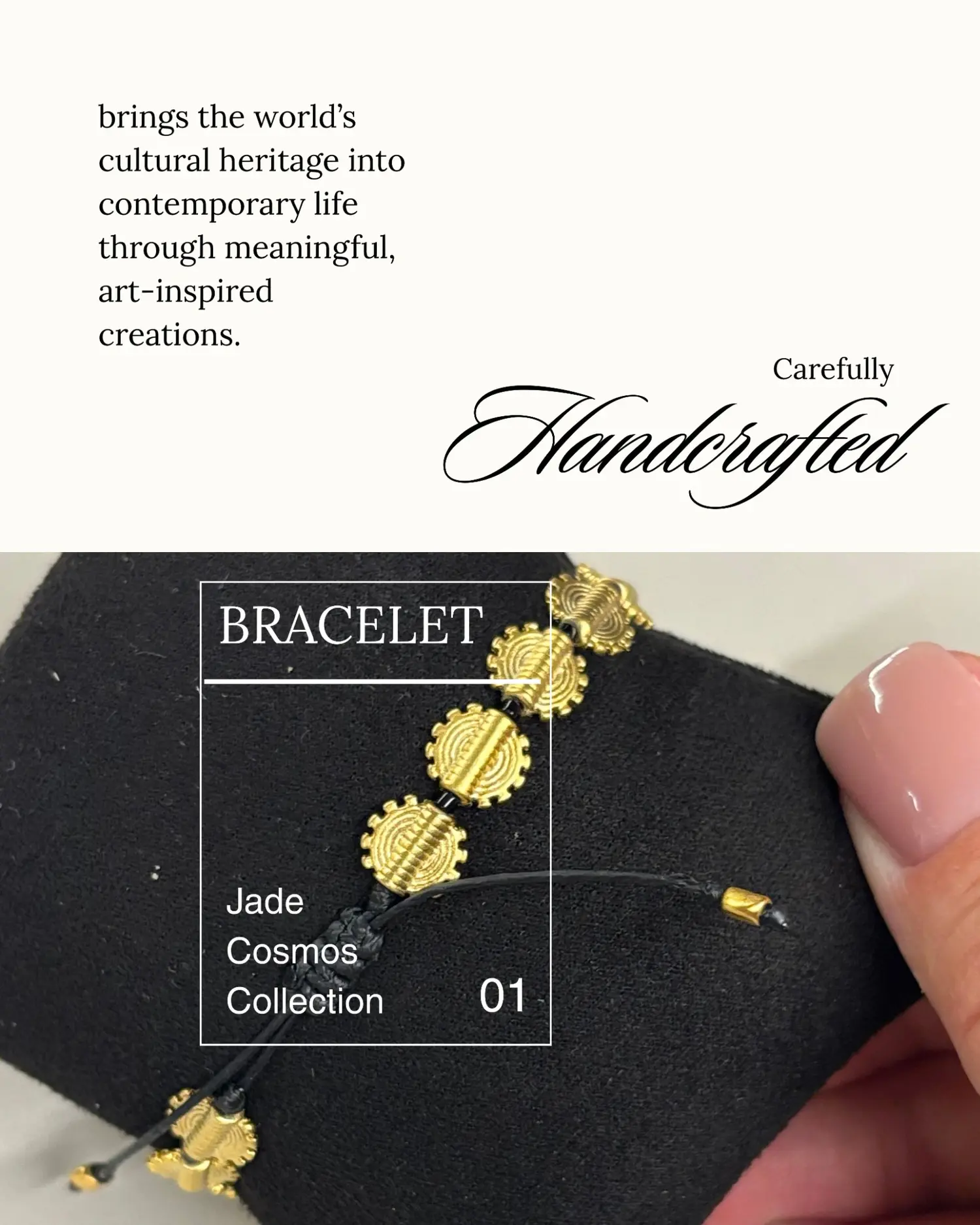 A handcrafted ICONATERRA bracelet being held